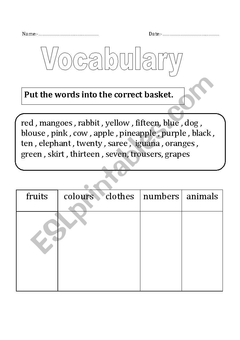 vocabulary worksheet