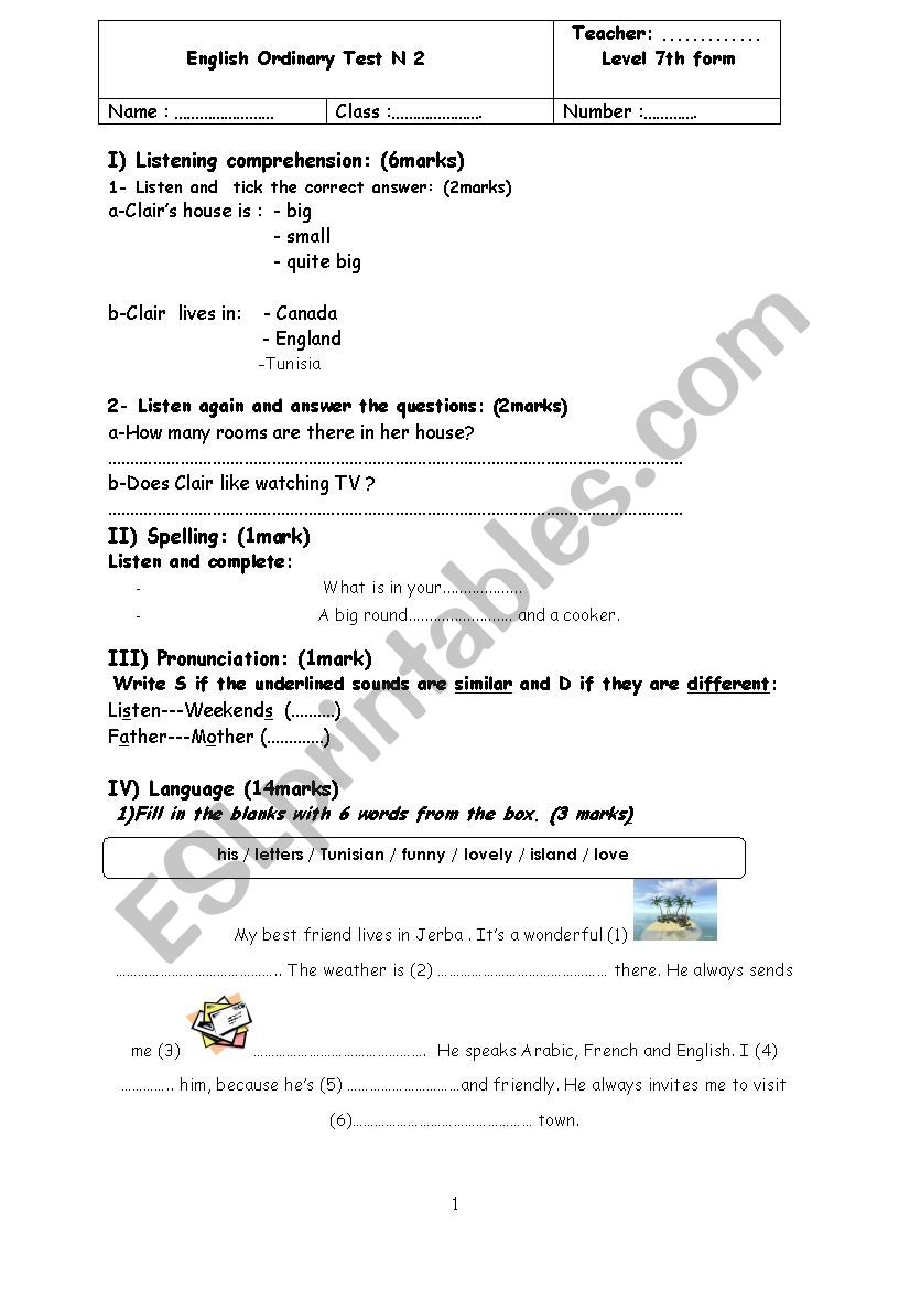 Mid term test N2  7th form worksheet