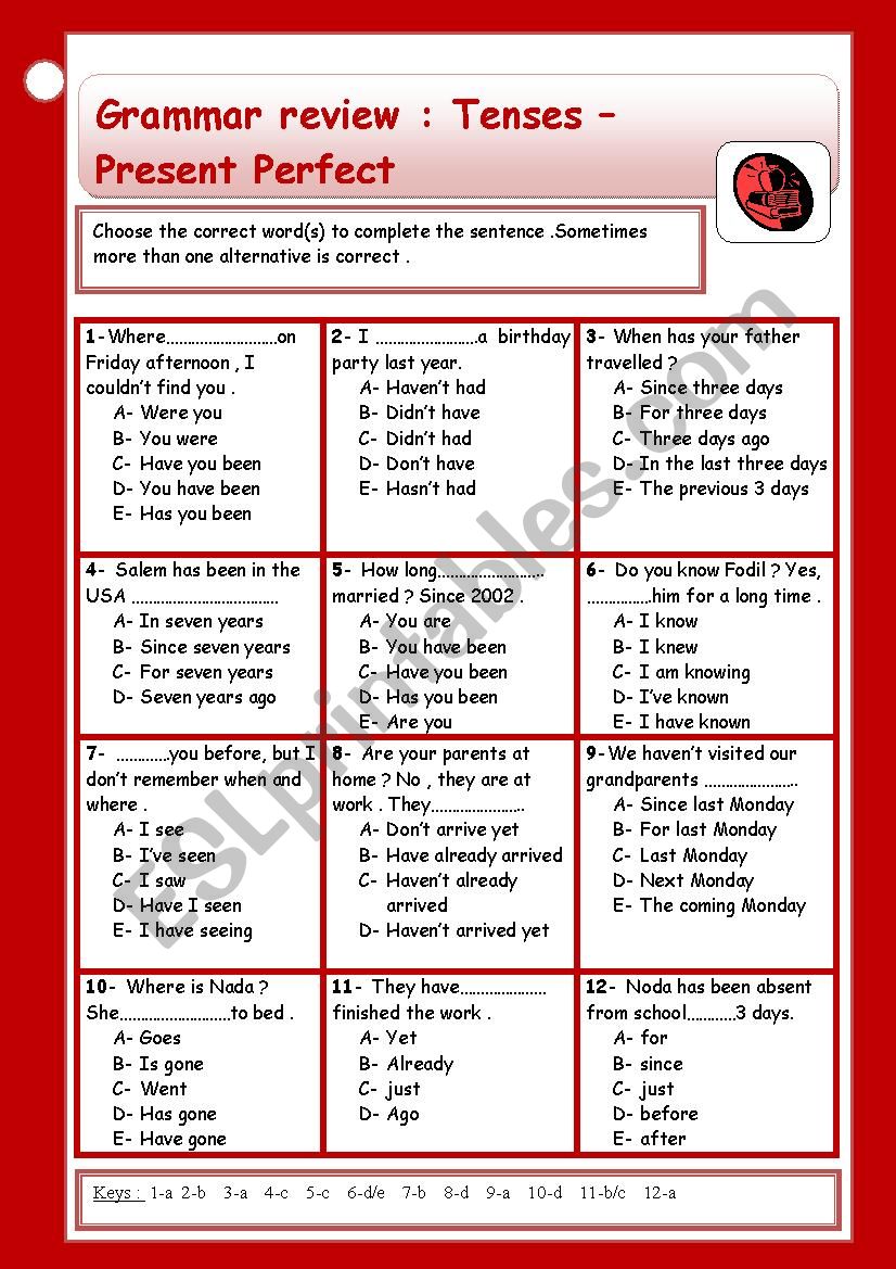 Grammar review -tenses: Present perfect  ( + keys )