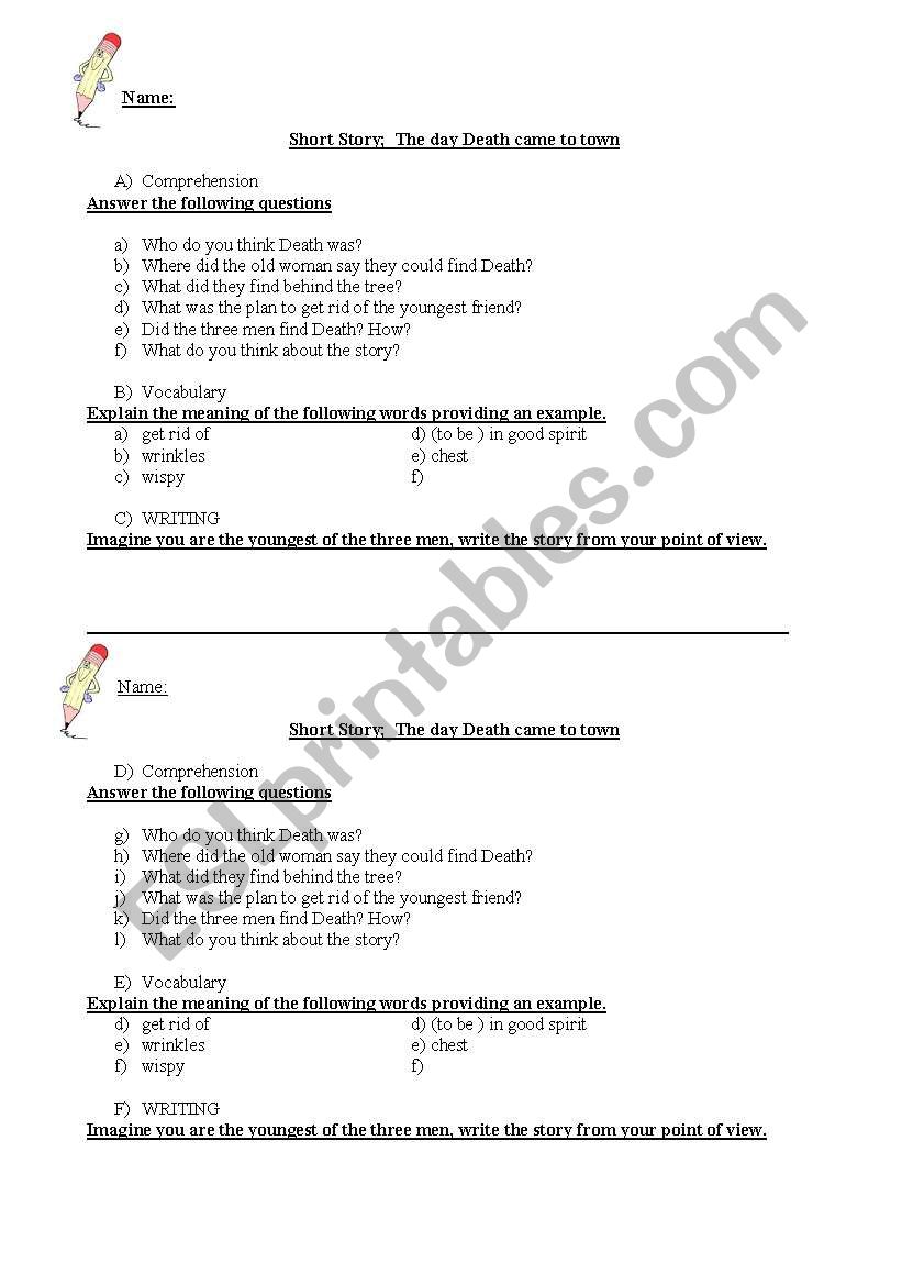 Activities short story worksheet