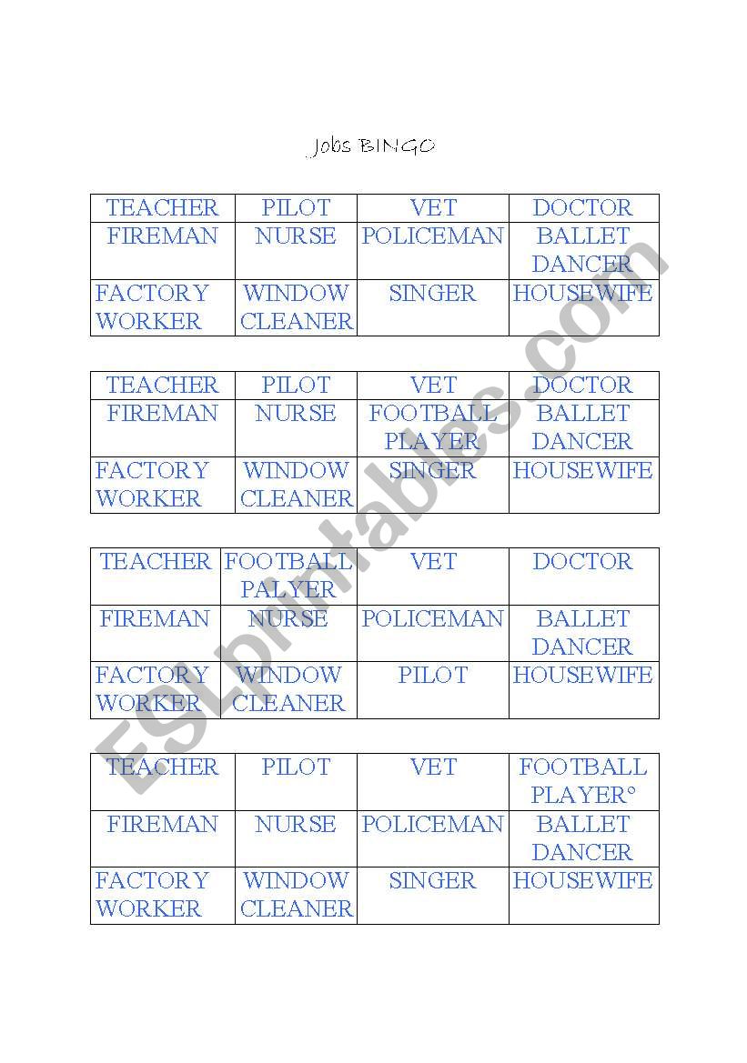 jobs bingo worksheet