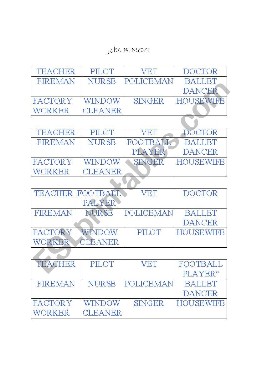 jobs bingo worksheet