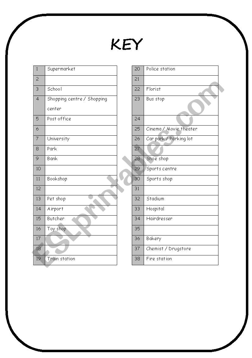 Places in town - Board game worksheet