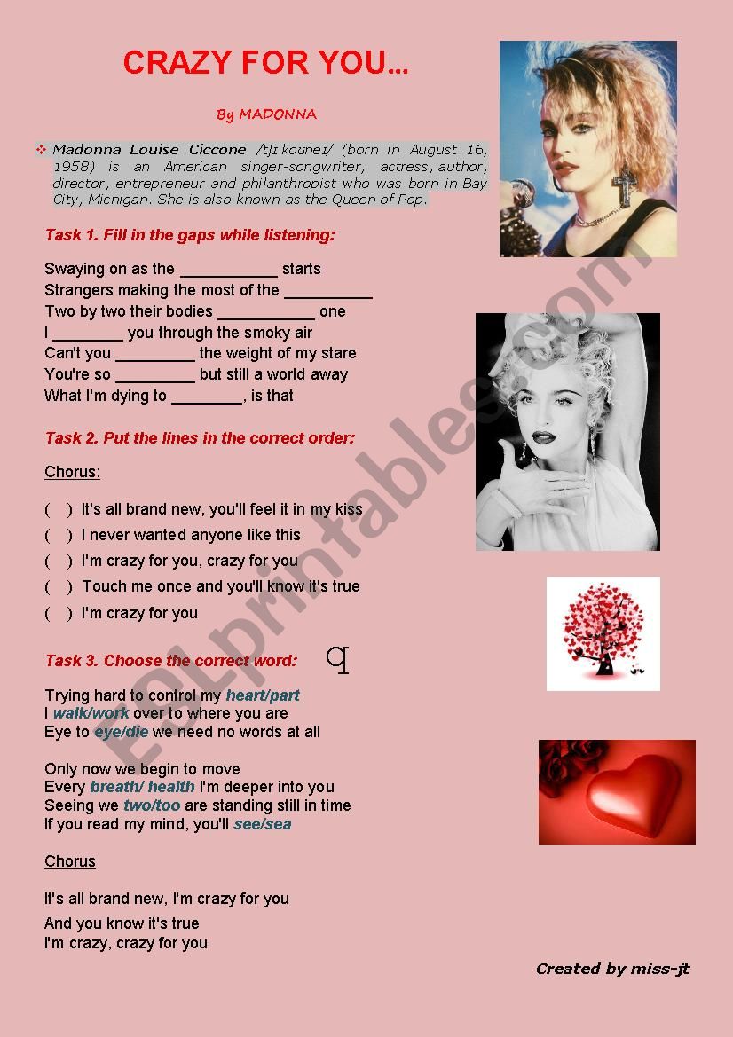 Madonna Crazy For You Esl Worksheet By Miss Jt