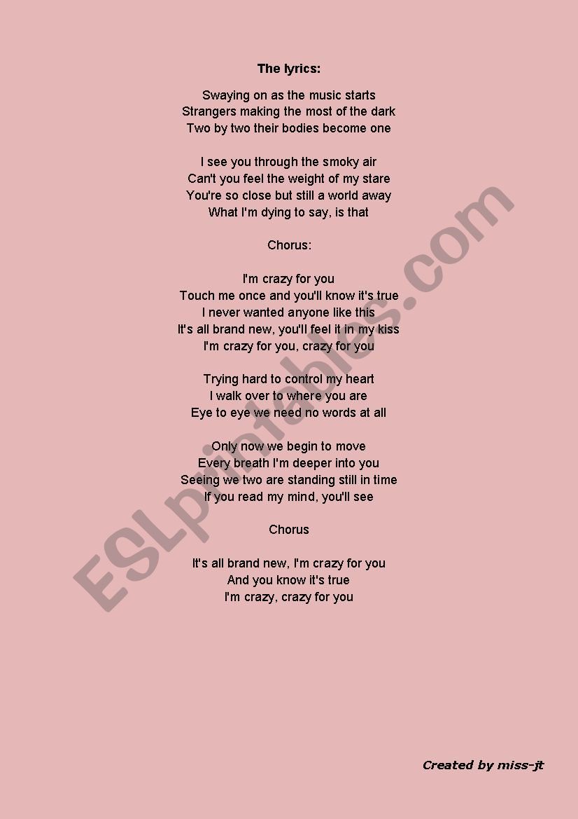 Madonna Crazy For You Esl Worksheet By Miss Jt