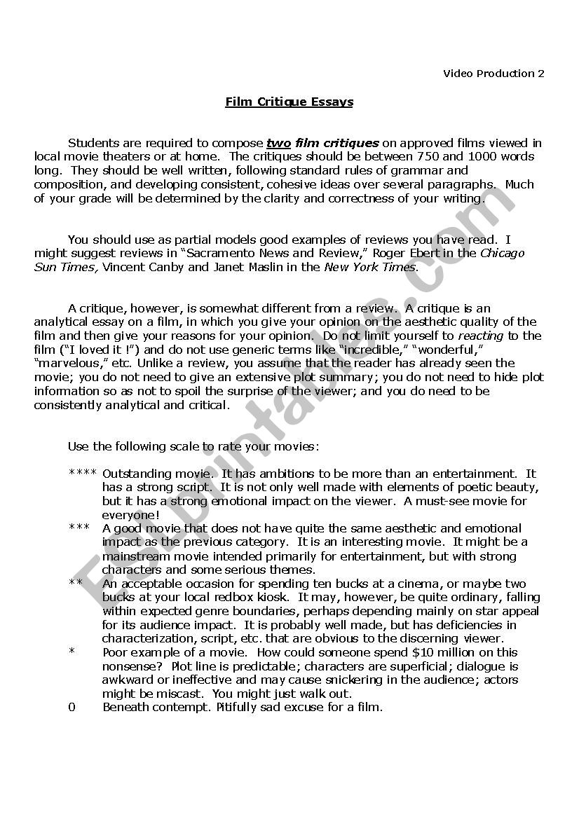 Film Critique Assignment - ESL worksheet by stamms