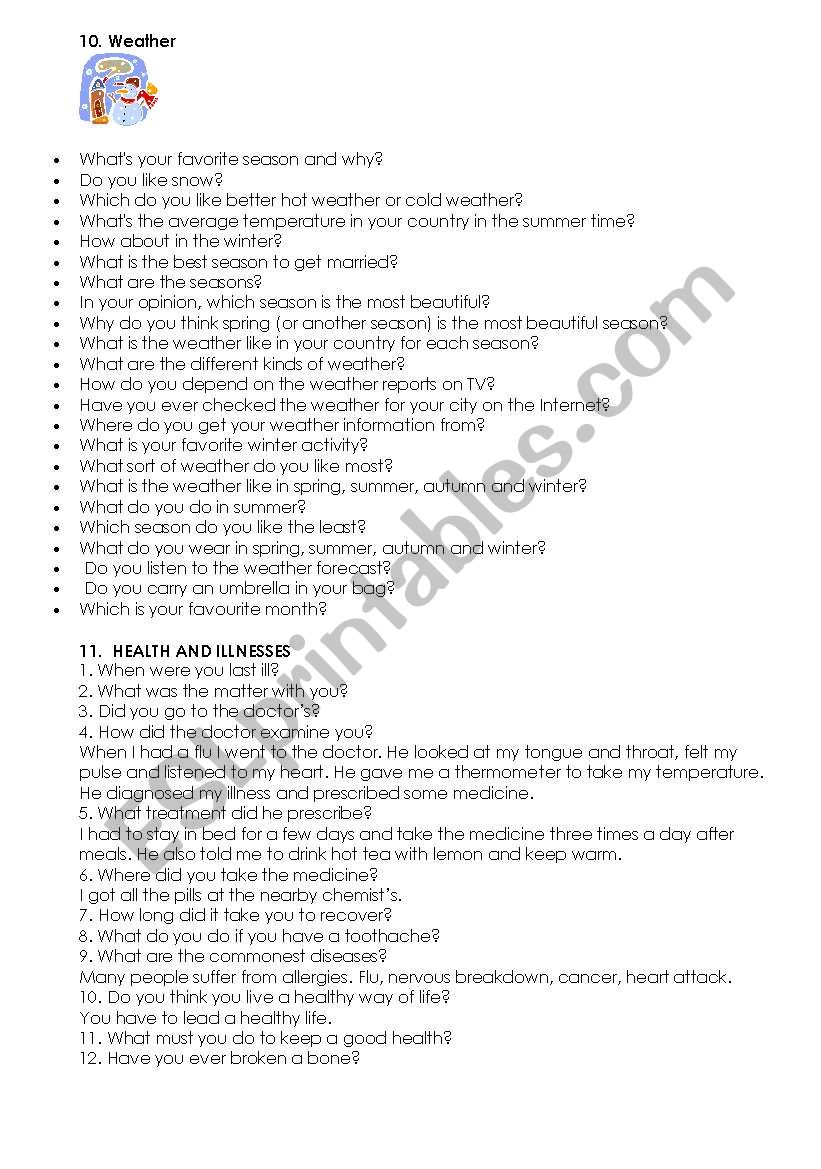 Speaking topics (questions) worksheet