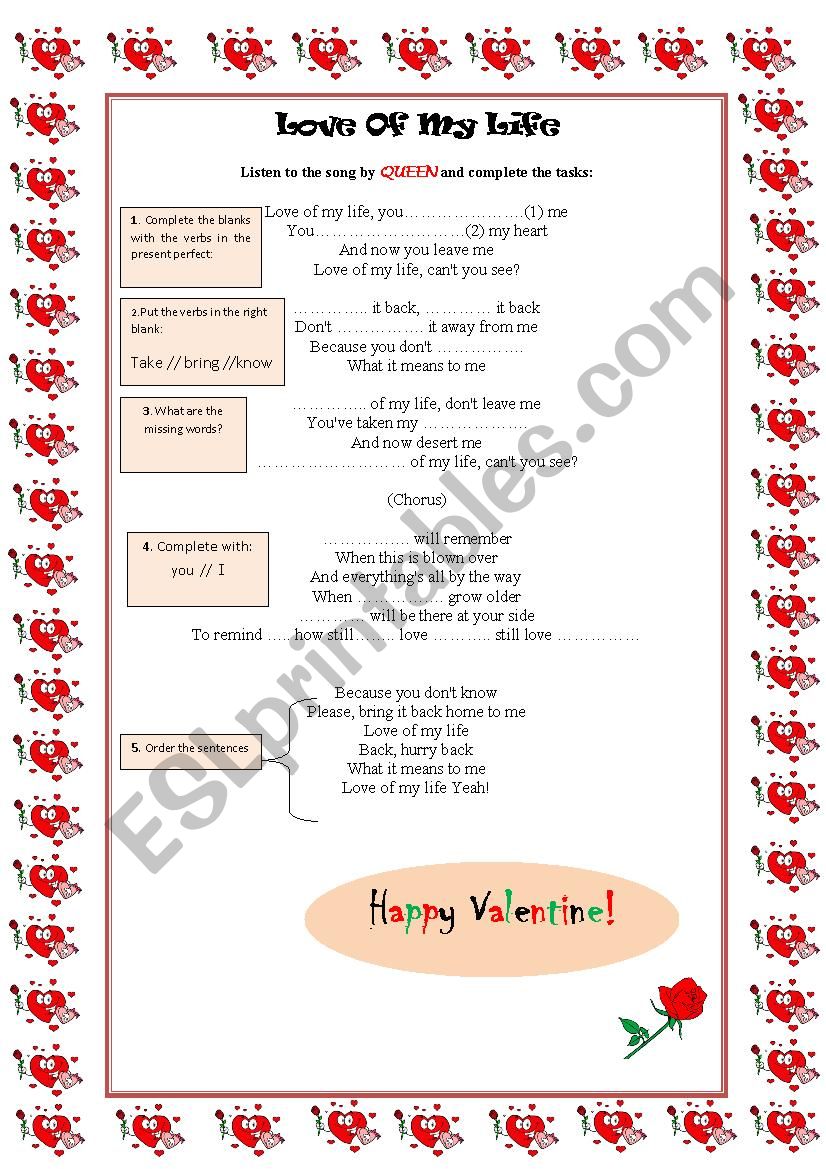 Love of my life worksheet