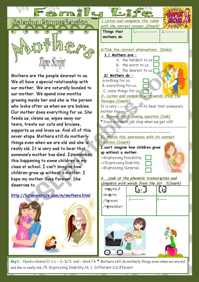 Family Life(Mid Term1 Test 9th form)2parts: Listening+Link+Language+Key.