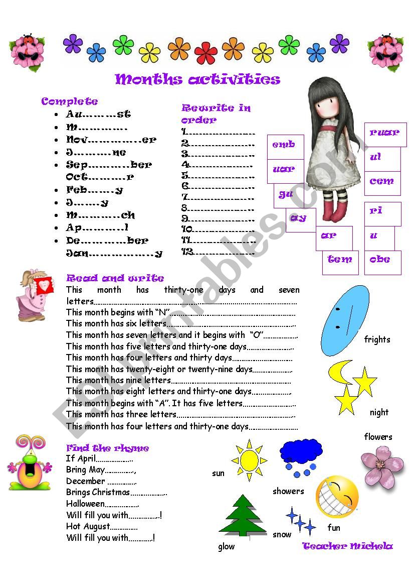 Months activities worksheet