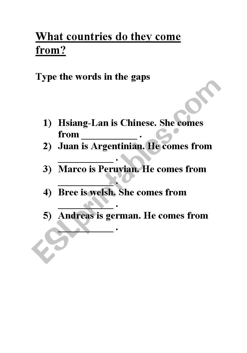 Countries worksheet