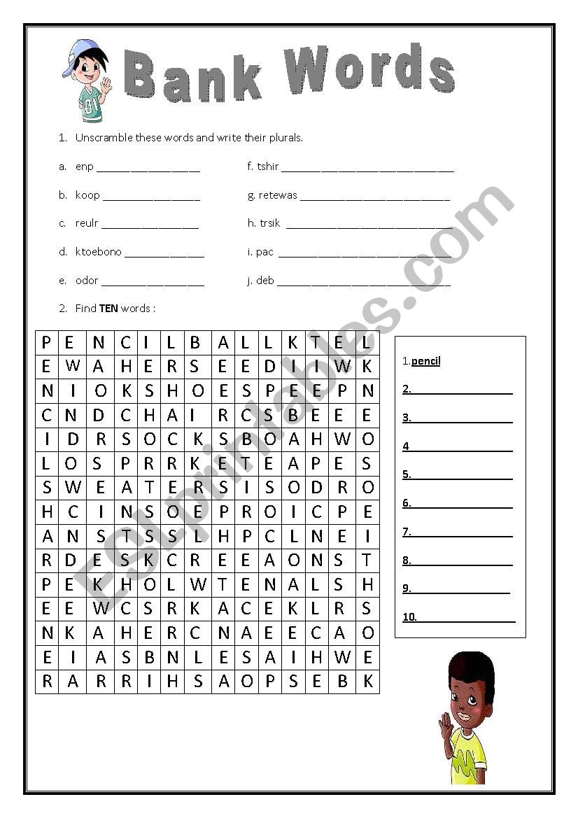 Bank Words worksheet