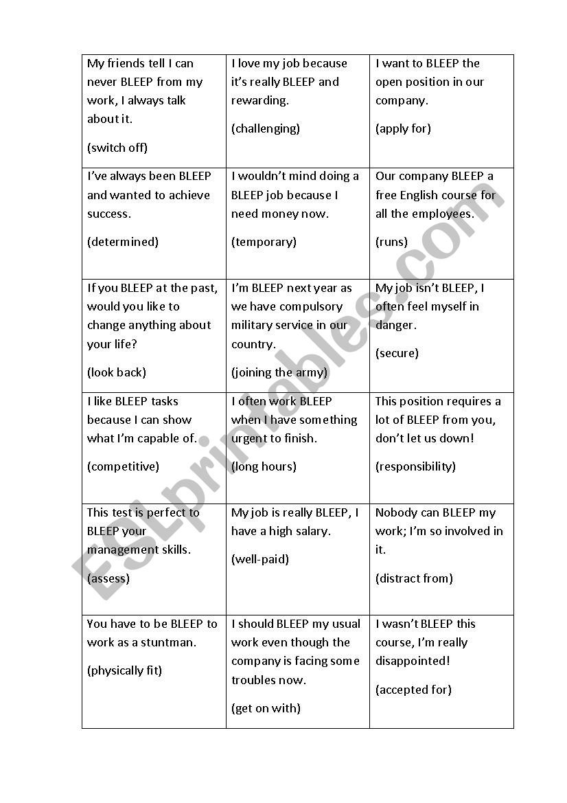 Bleep game vocabulary about work