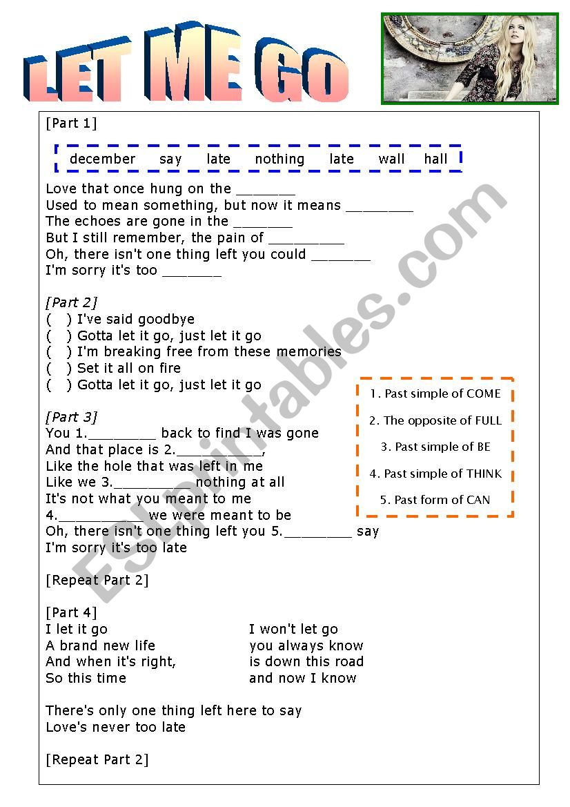 Avril Lavugne - LET ME GO  worksheet