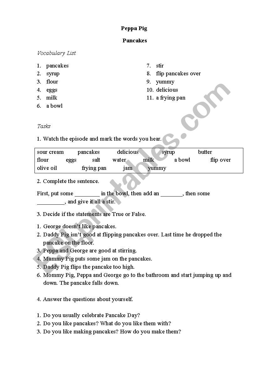 Peppa Pig. Pancakes. Video Worksheet.