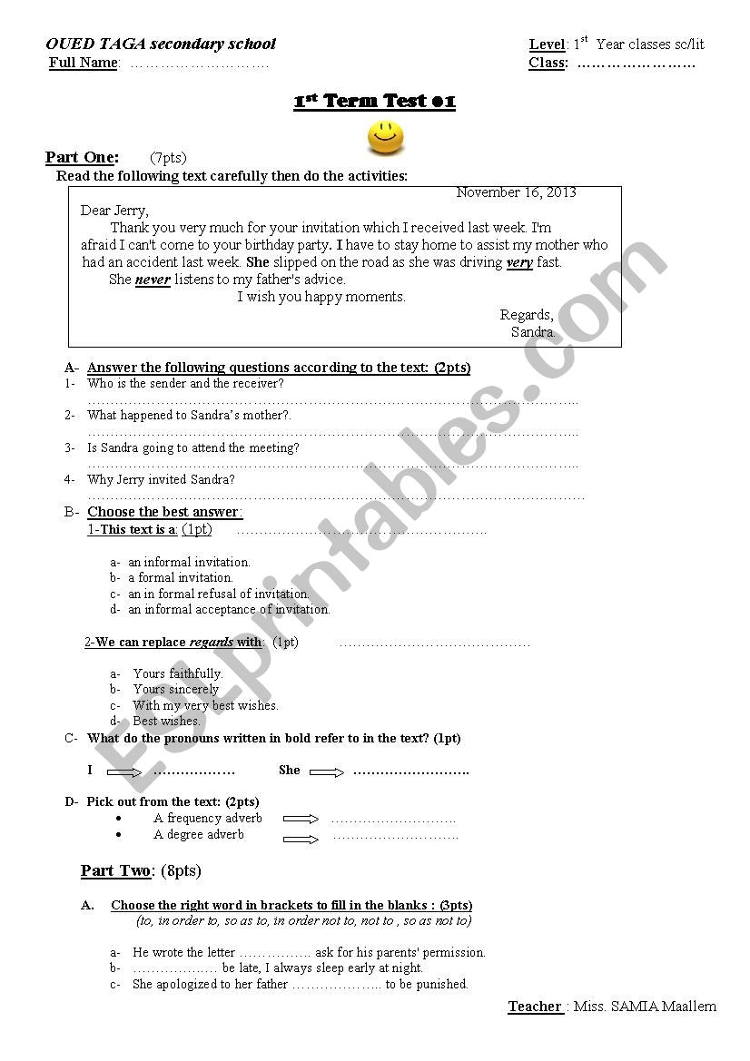 1st year exam worksheet