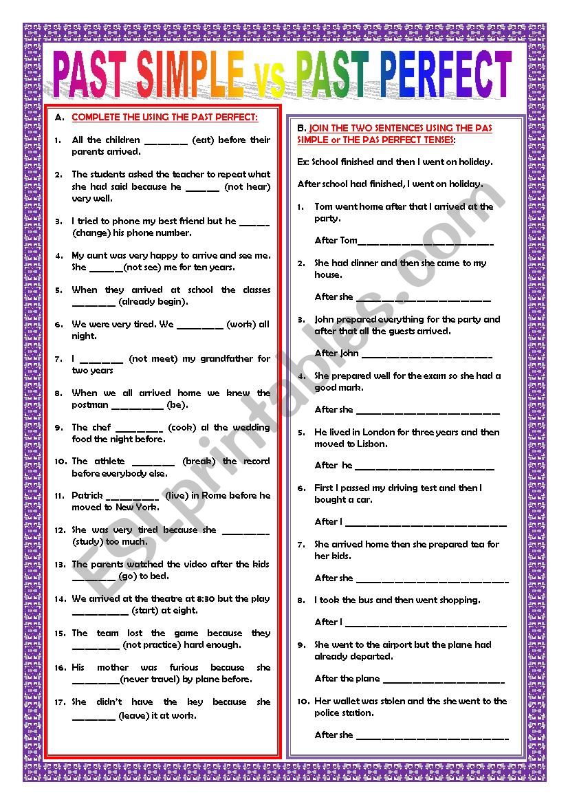 PAST PERFECT SIMPLE VS PAST SIMPLE   EXERCISES   ESL worksheet by ...