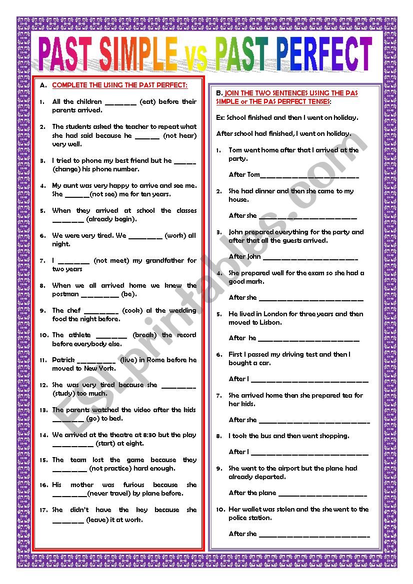 PAST PERFECT SIMPLE VS PAST SIMPLE - EXERCISES - ESL worksheet by ...