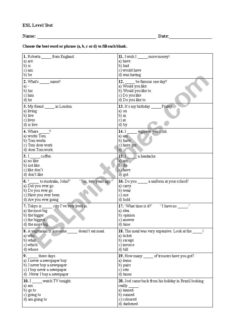 ESL Placement Test worksheet