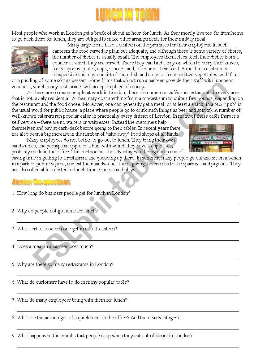Lunch in town worksheet