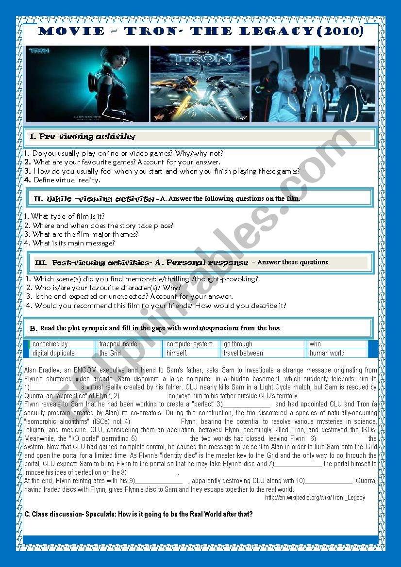 MOVIE-TRON-THE LEGACY(2010) worksheet