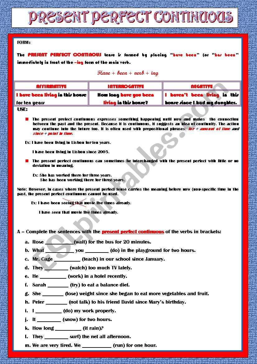 PRESENT PERFECT CONTINUOUS - RULES AND EXERCISES