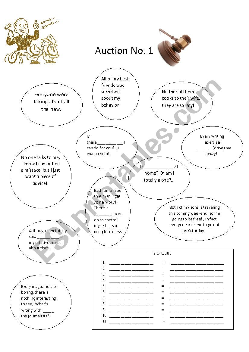 Auction for pronouns no one, nobody, somebody, etc. Auction for pronouns no one, nobody, somebody, etc.