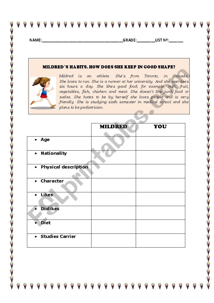 MILDRED HABITS worksheet