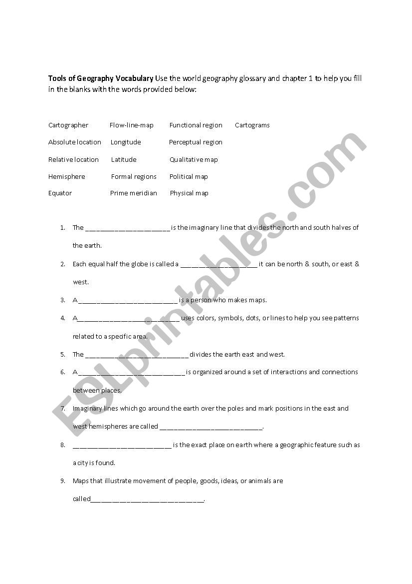 Tools of Geography  worksheet