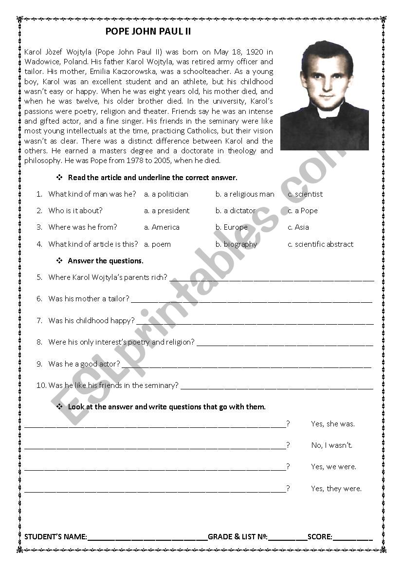 Biography POPE JOHN PAUL II worksheet