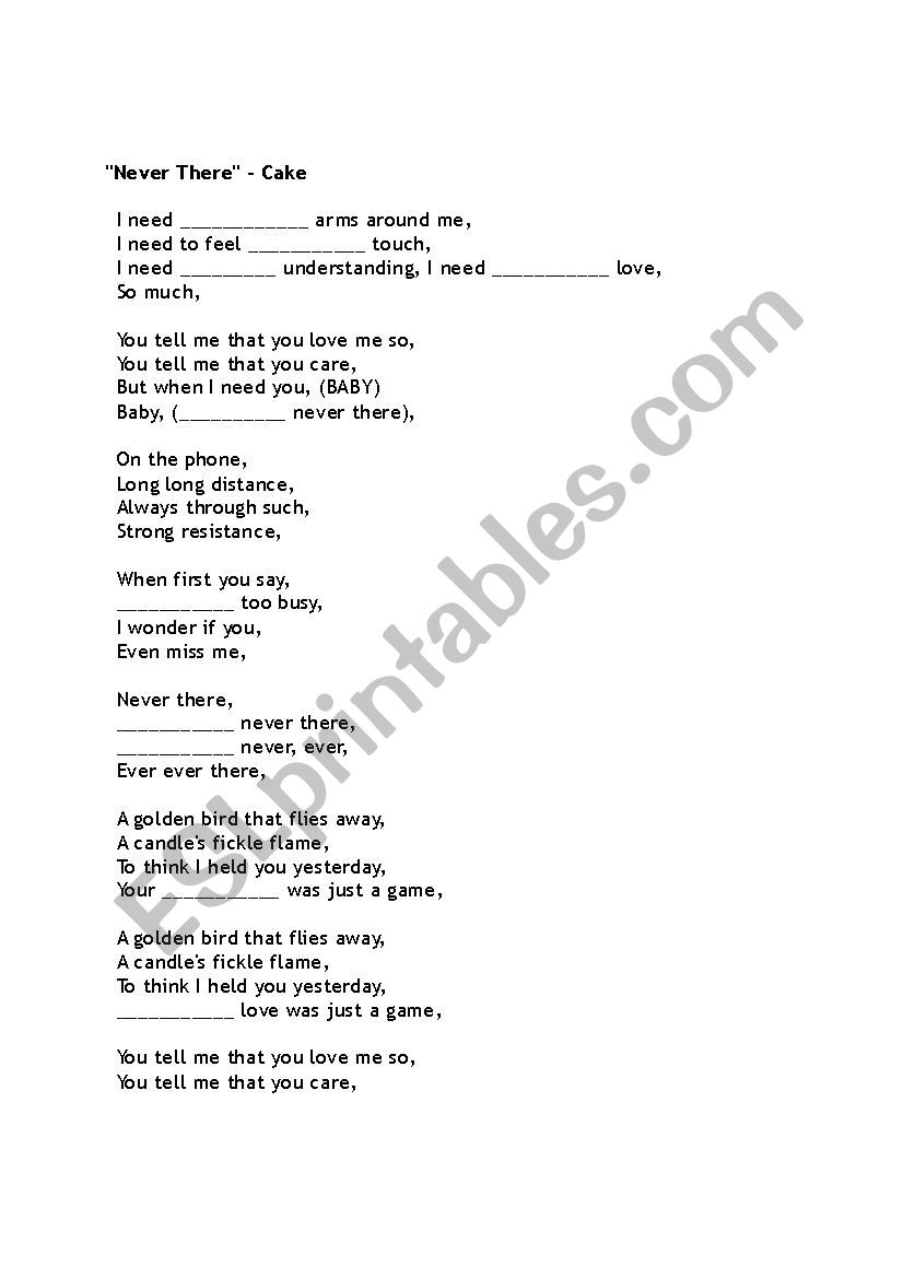 Never There (Song) by Cake worksheet