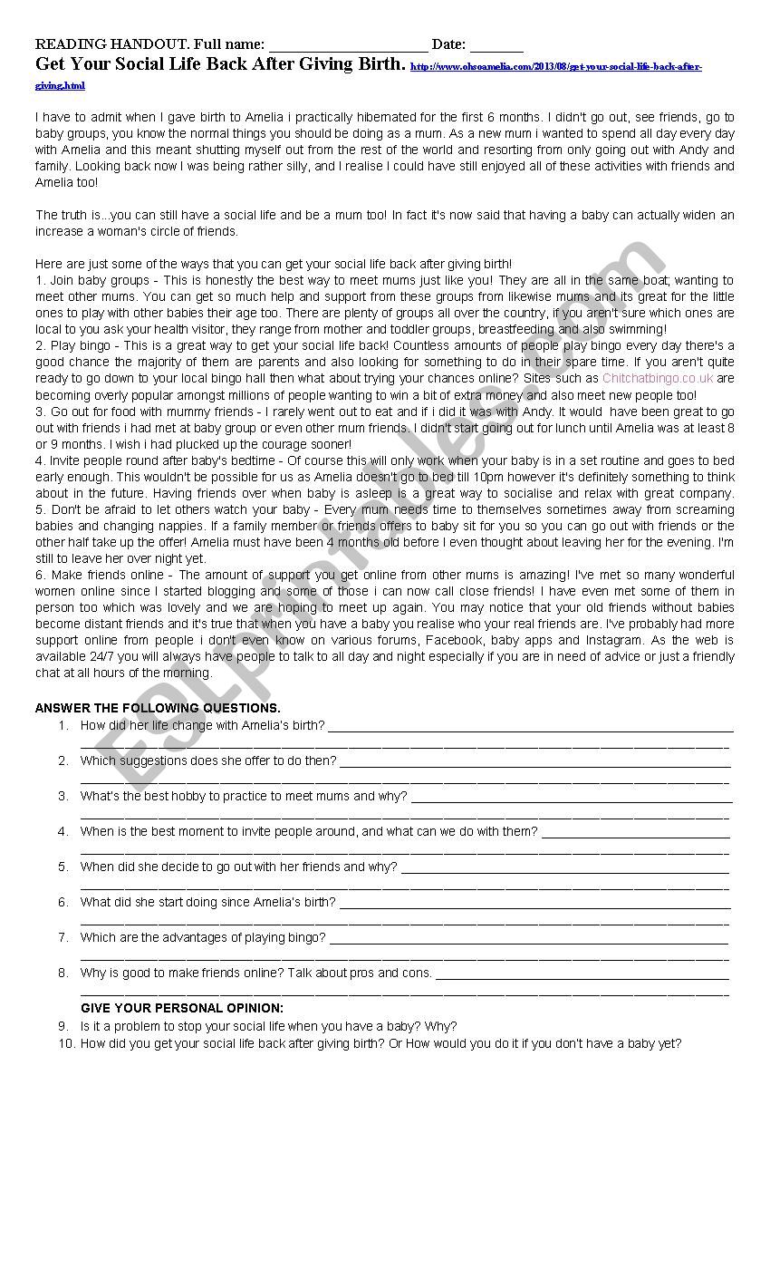 SOCIAL LIFE worksheet