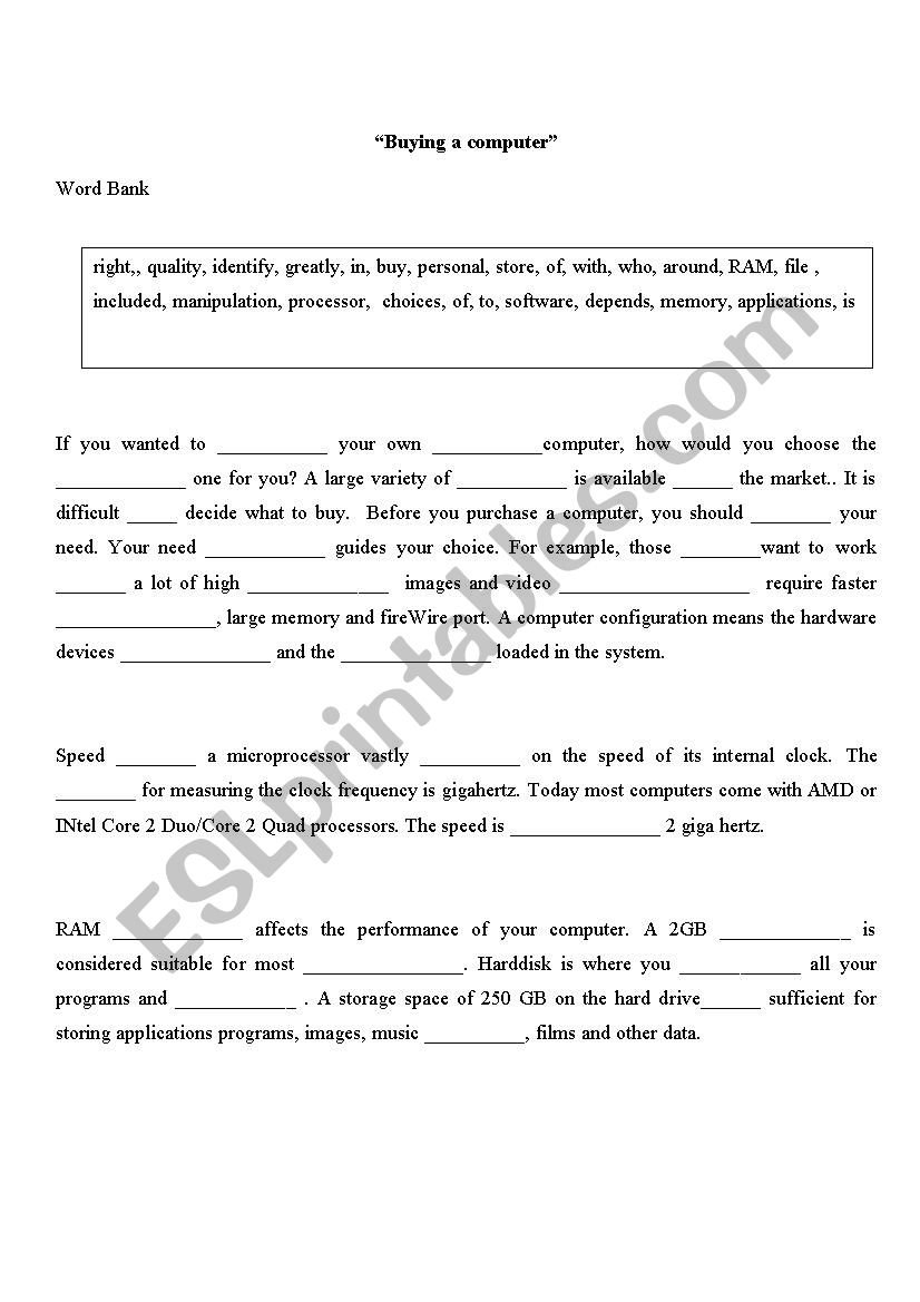 Buying a computer worksheet