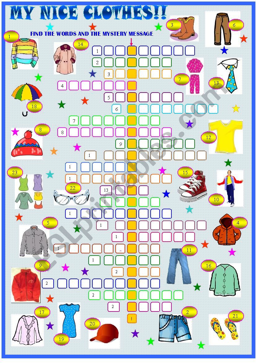 Clothes and accessories, crossword puzzle