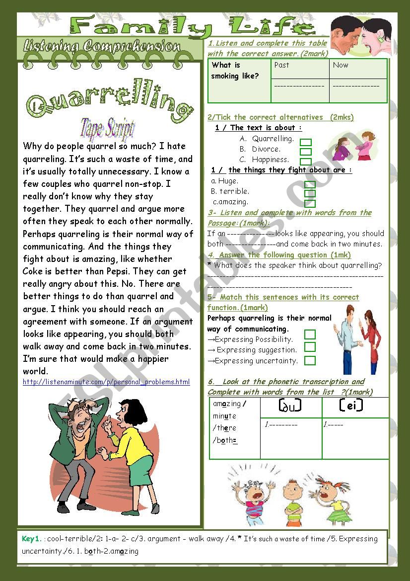 Family Life(Mid Term 1Test 9th form) 2parts: Listening+Link+Language+Key
