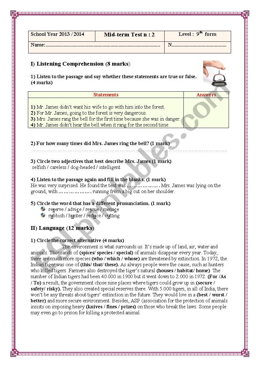 Mid Ter Test 2  for 9th form worksheet