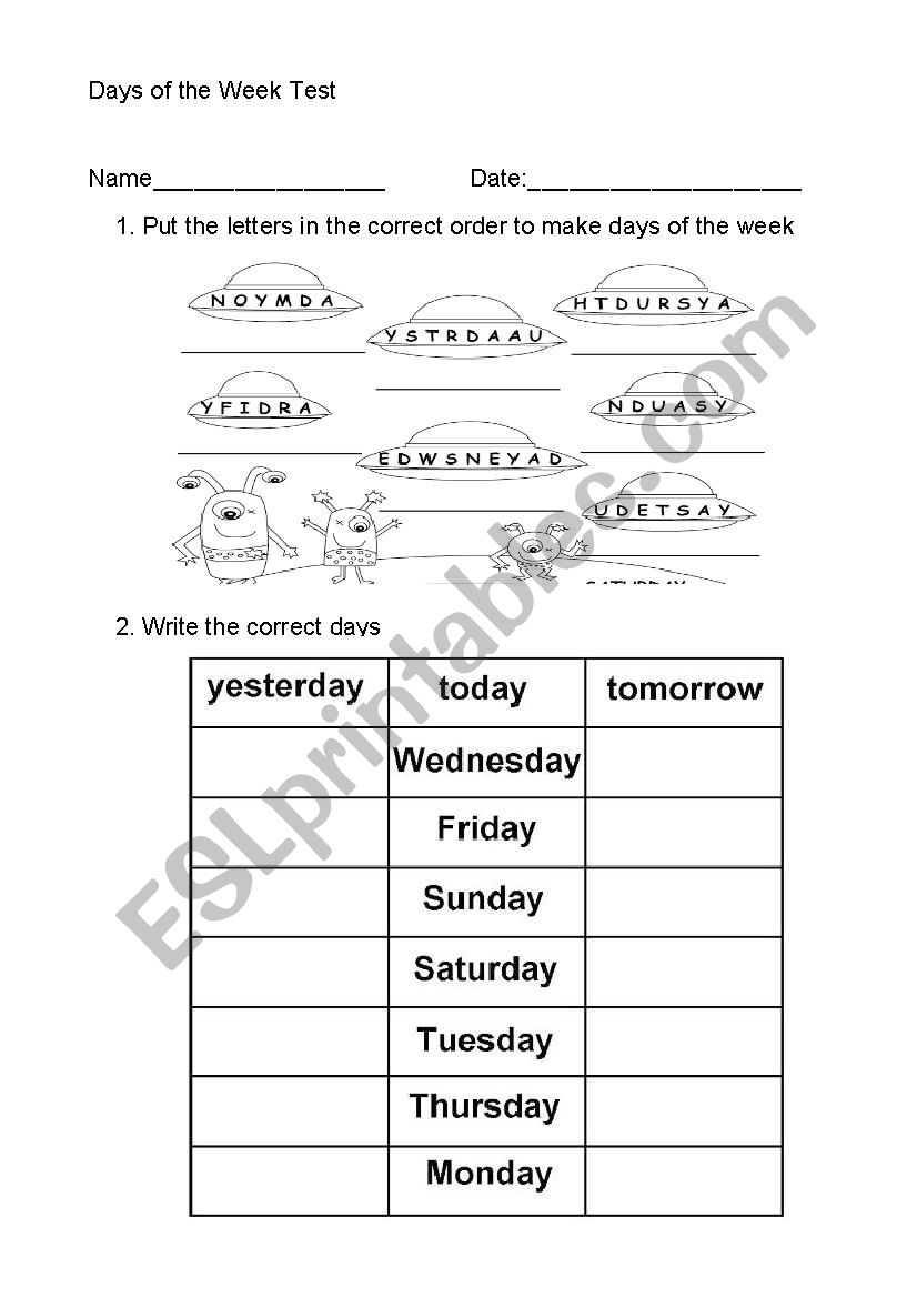 Days of the week worksheet