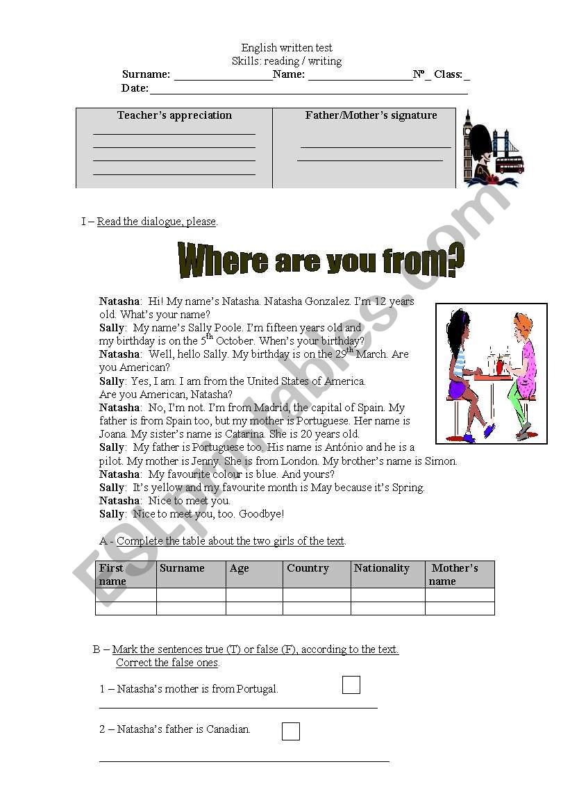 Test - Identifying people 1 worksheet