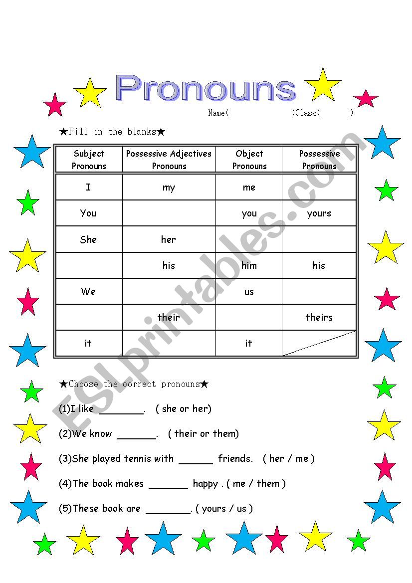 Pronouns worksheet