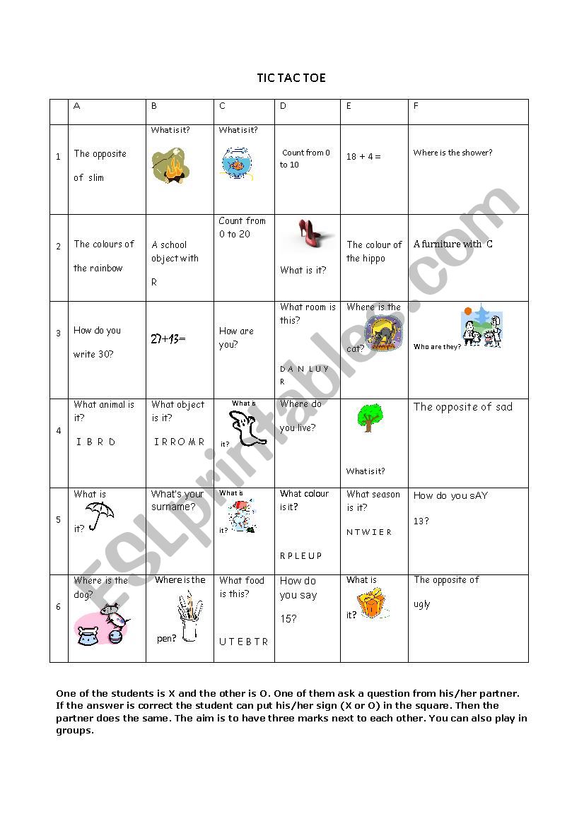 Tic Tac toe worksheet