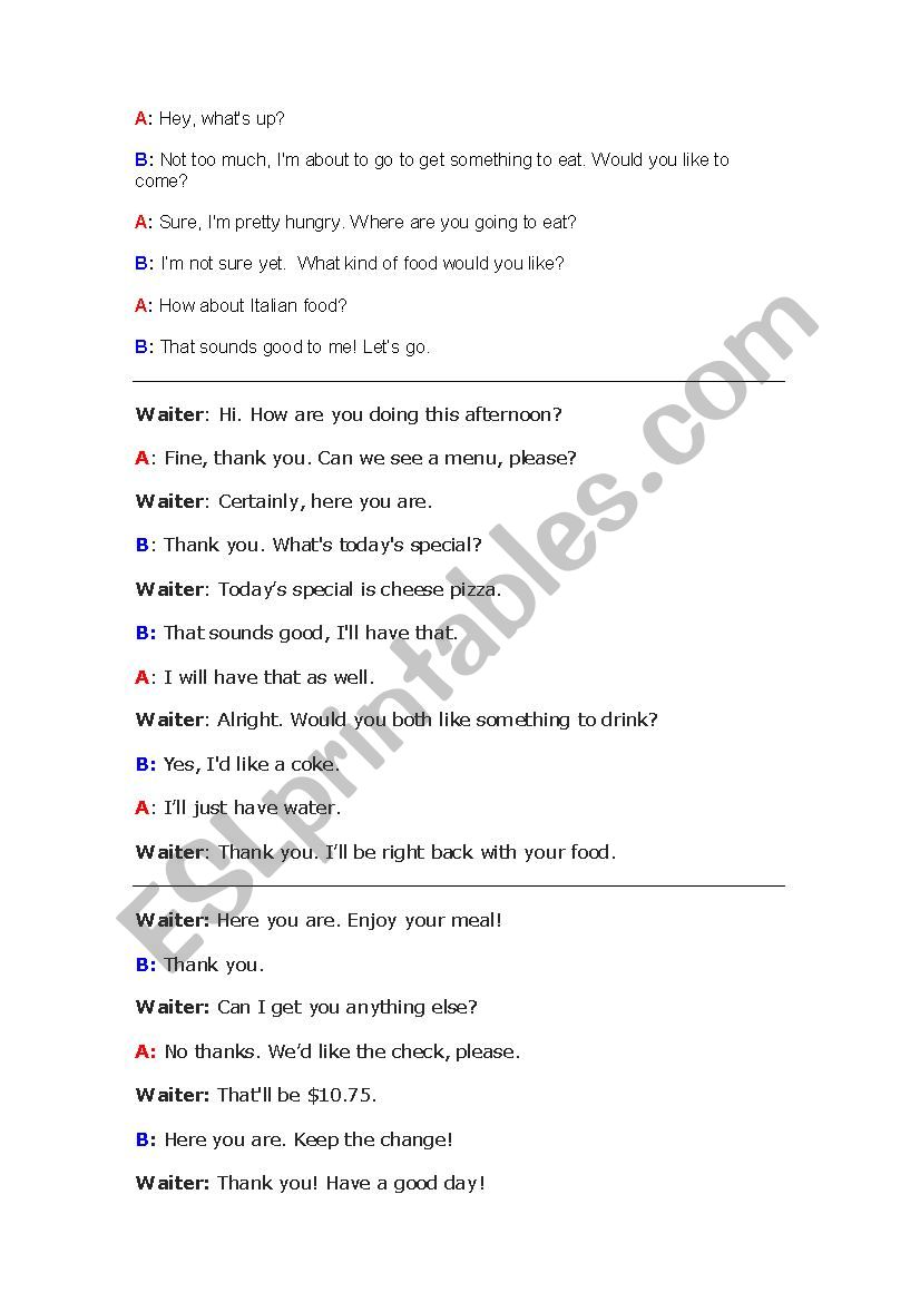 Restaurant Dialogue worksheet