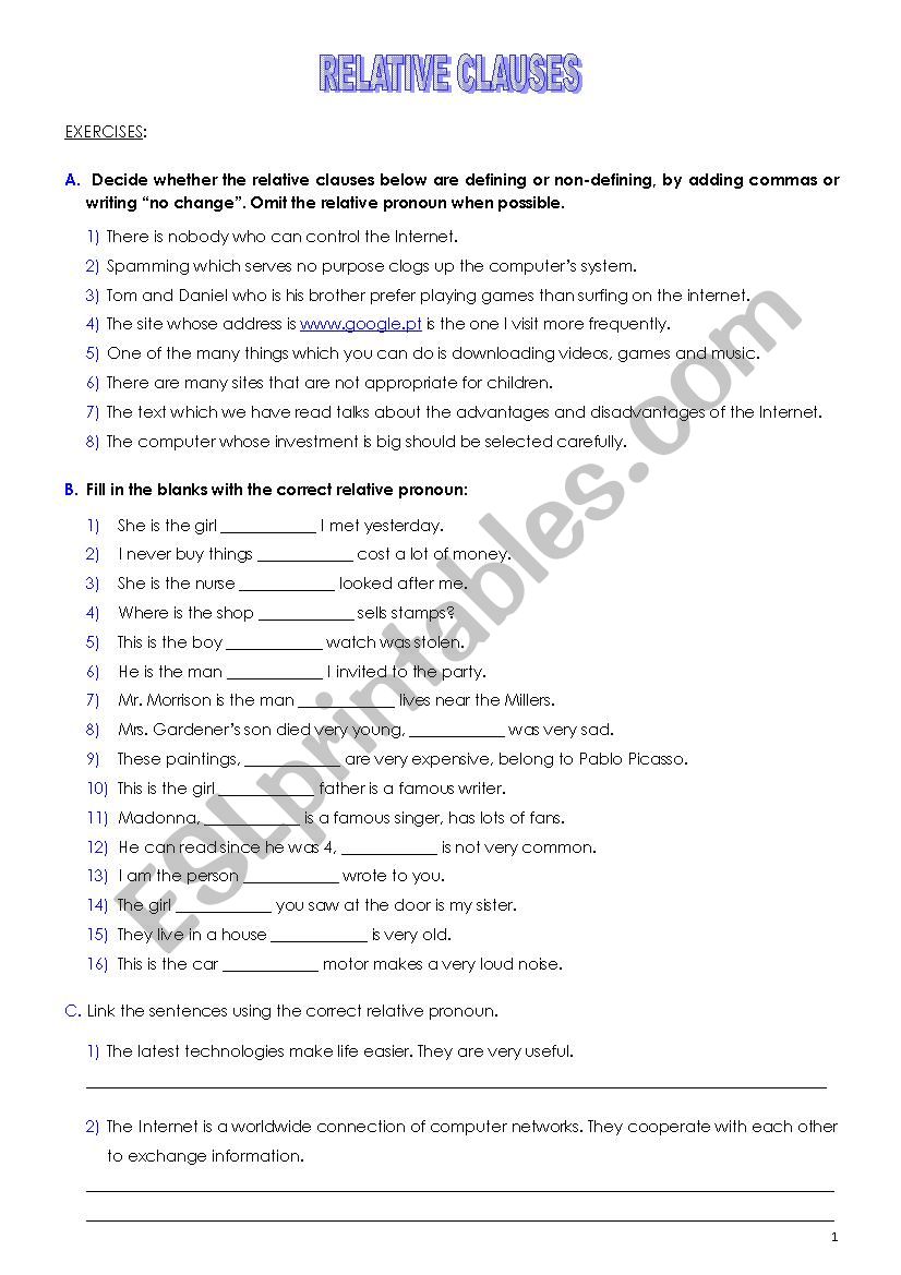 Relative clauses - exercises worksheet