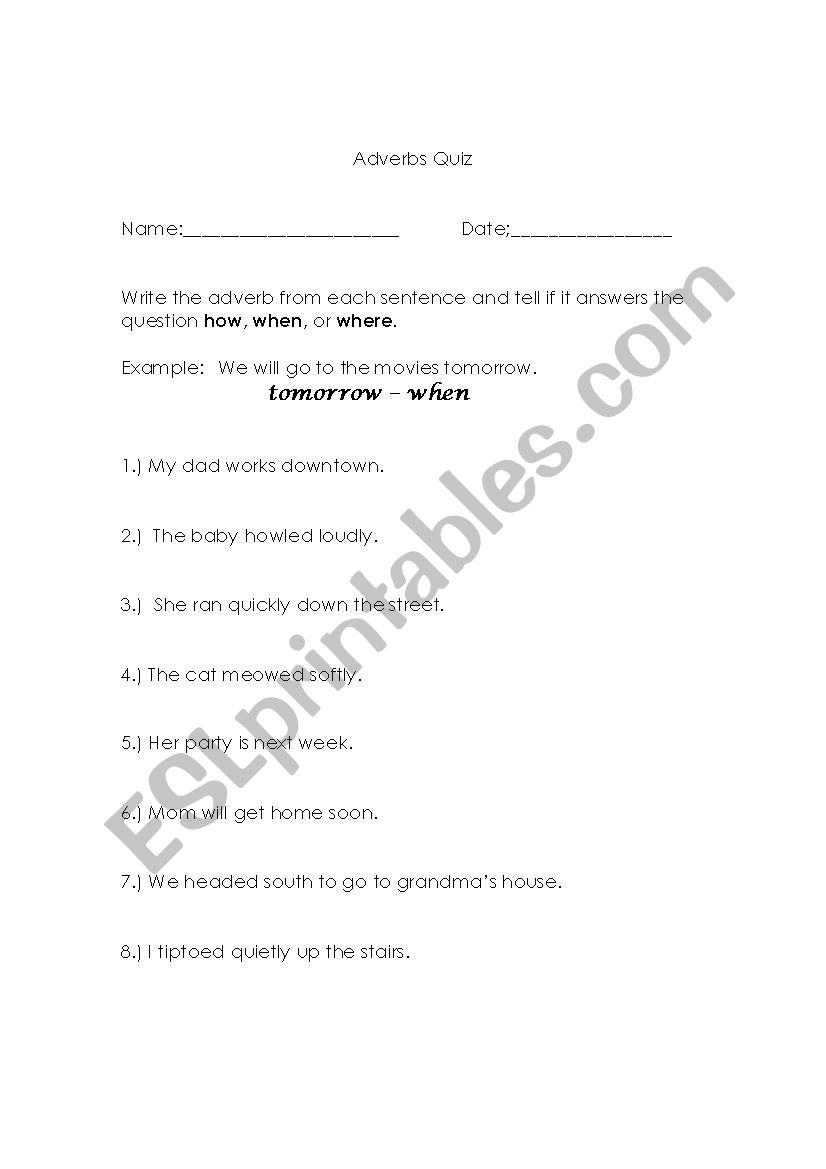 Adverb Quiz worksheet