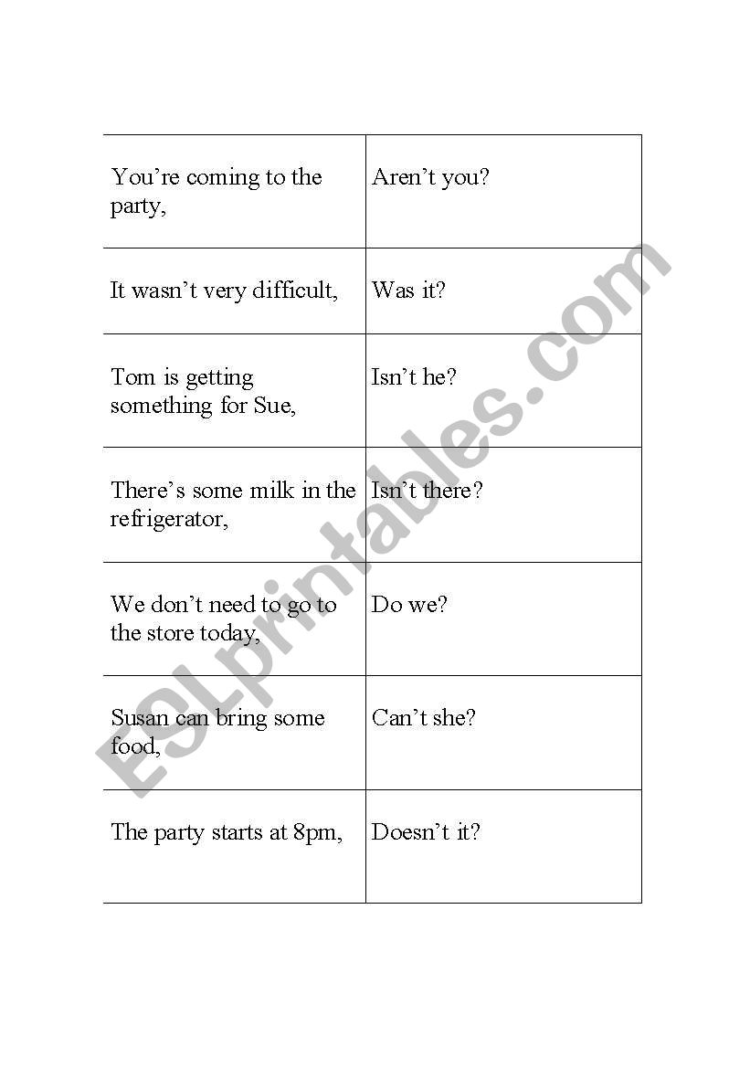 Memory game for Tag questions worksheet