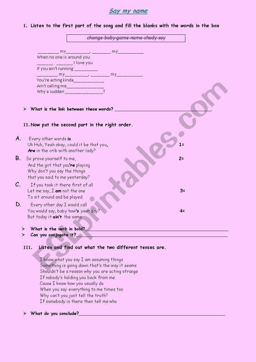 Say my name song worksheet