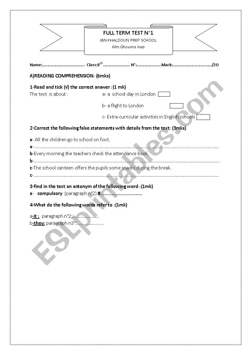 FULL TERM TEST N°1 8TH FORM worksheet