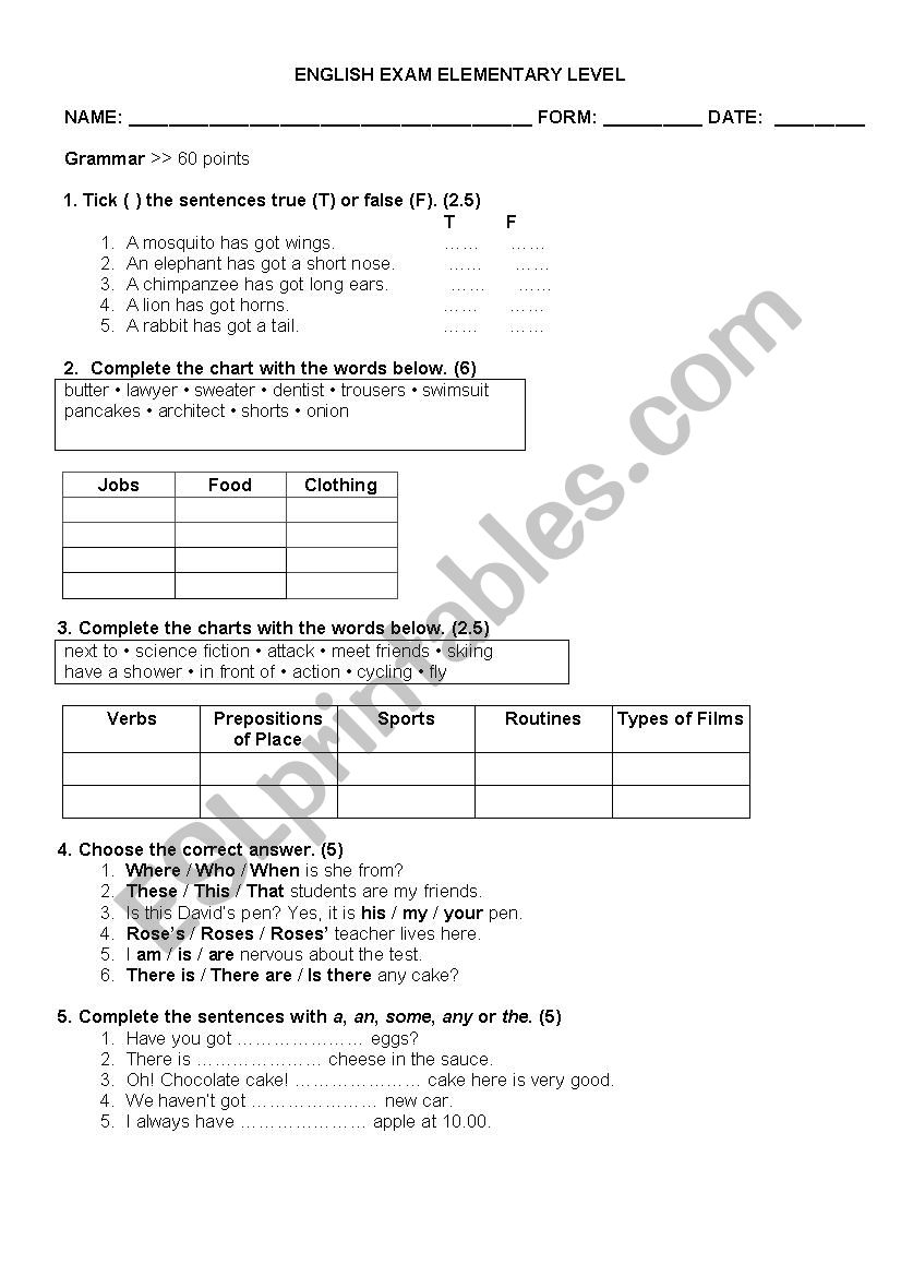 elementary test worksheet