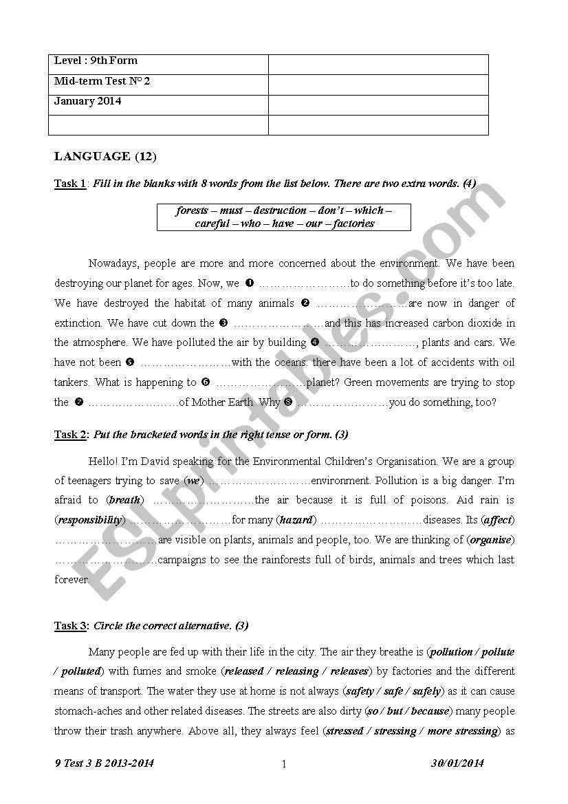 9th Form Mid Term Test 2  worksheet