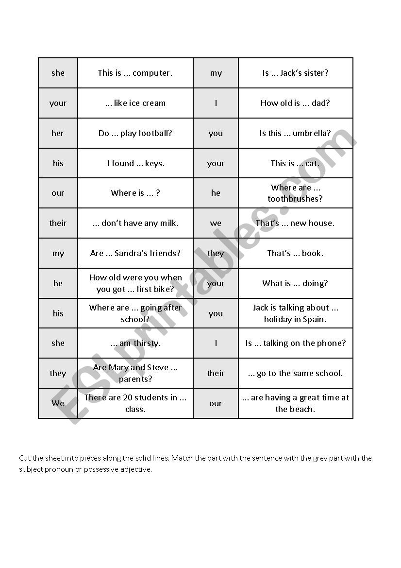 Possessive Adjectives Domino Game