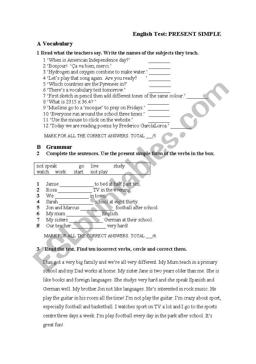 Present Simple Test worksheet